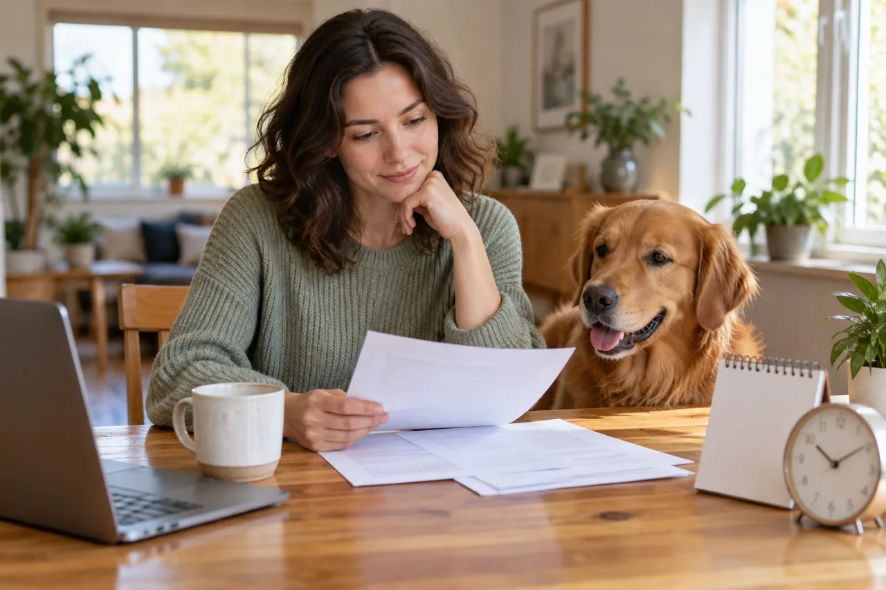Owner studying papers with a dog, laptop and clock on the table